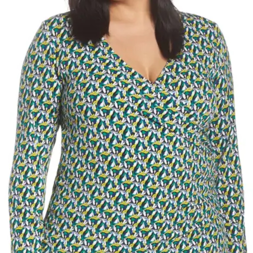 Halogen plus sized stretch faux wrap shirt